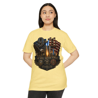 9/11 Memorial T-Shirt — "We Will Never Forget" Patriotic Tribute