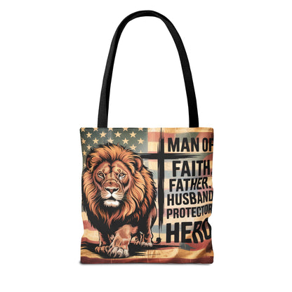 Tote — "Man of Faith, Father, Husband, Protector, Hero" Patriotic Lion Tote