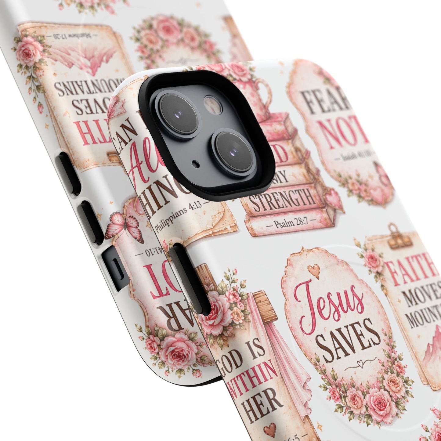 Christian Faith iPhone Tough Magnetic Case — 'Jesus Saves' Floral Scripture Design (Fear Not, Faith Moves Mountains)