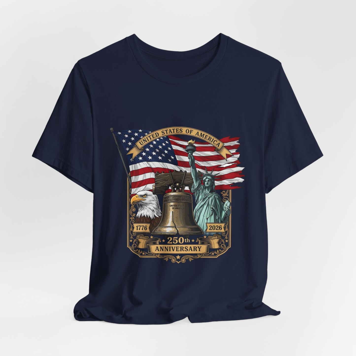 Liberty 250th Anniversary T-Shirt — American Flag, Liberty Bell & Statue of Liberty Tee