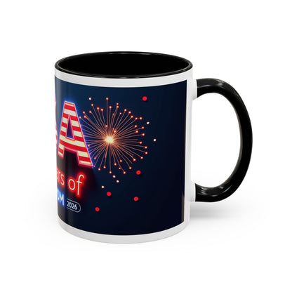 USA 250 Years of Freedom Accent Coffee Mug — Patriotic 1776–2026 Fireworks Design (11/15oz)