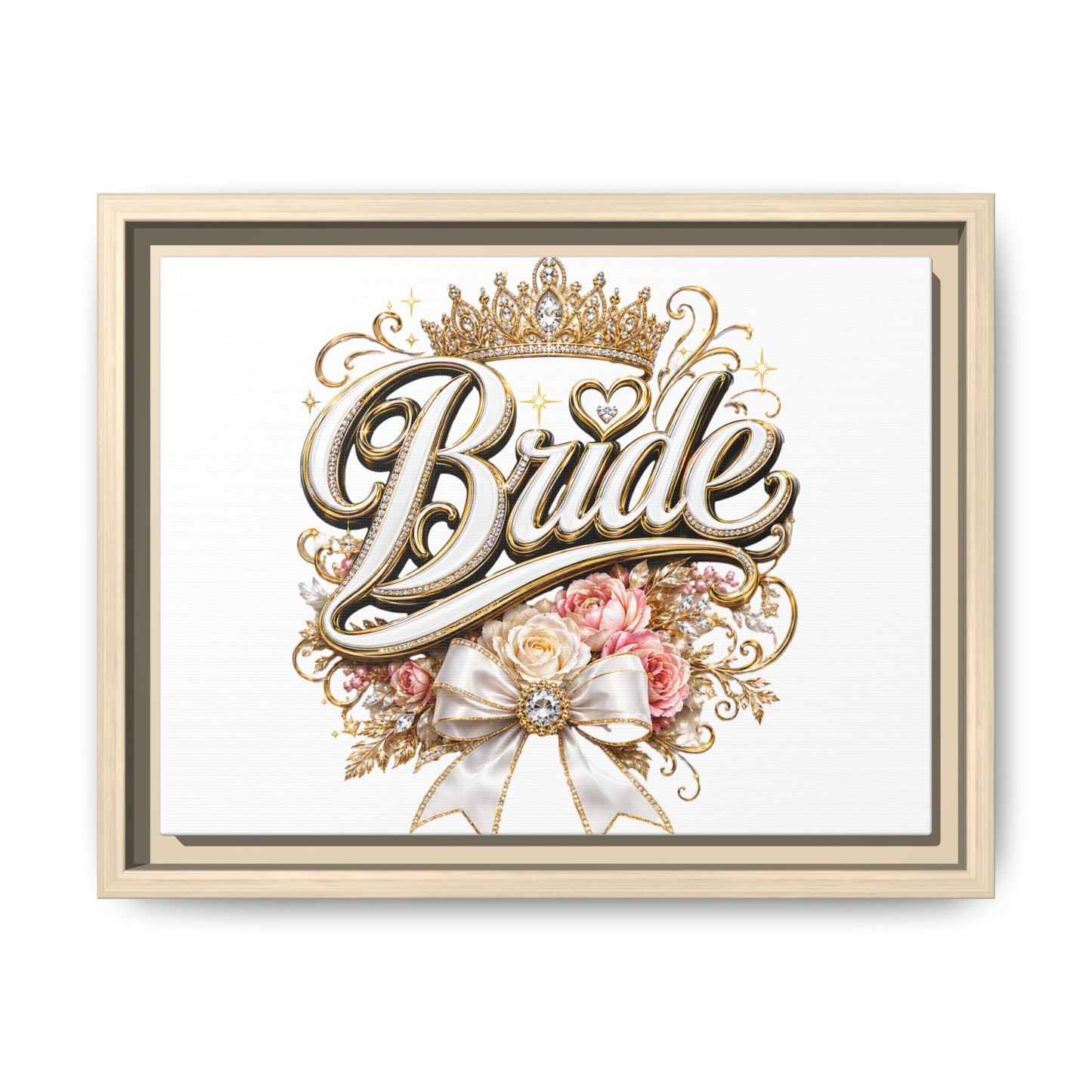Framed Bride Canvas Wall Art — Elegant Bridal Crown & Floral Wedding Decor