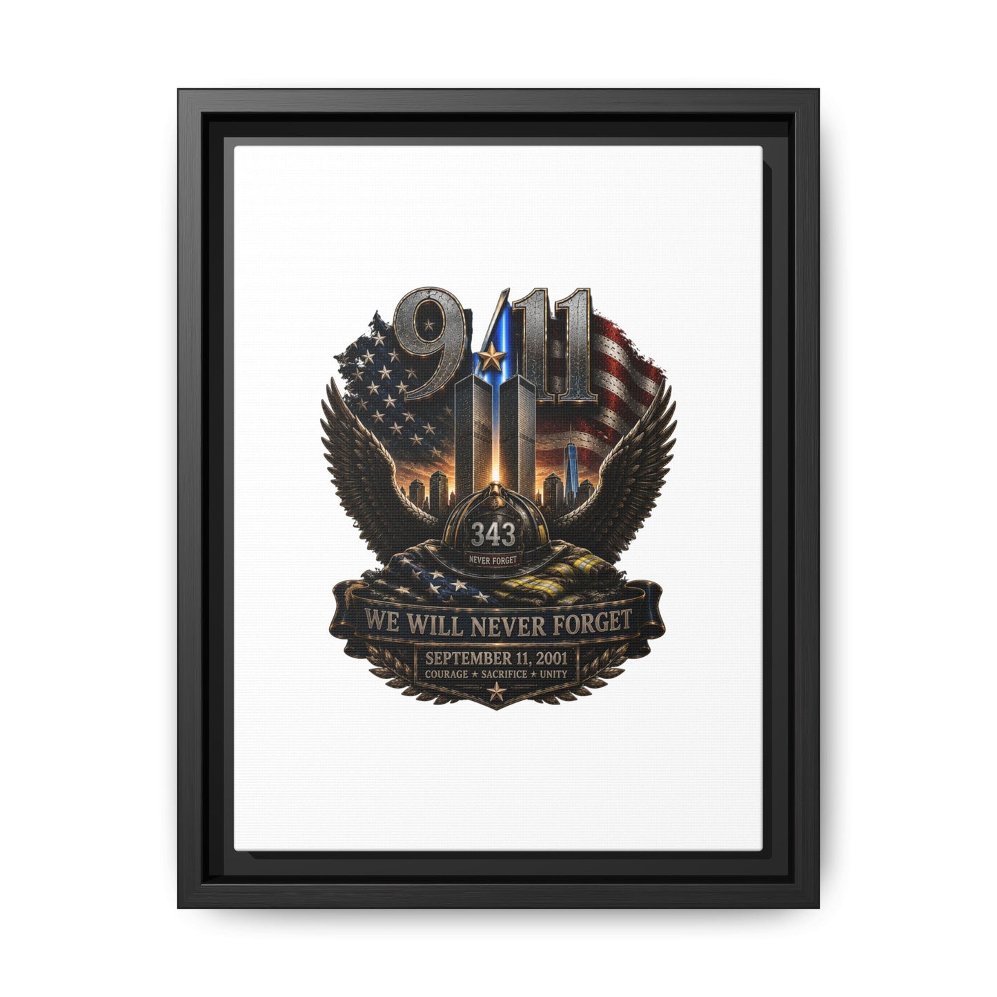 9/11 Memorial Matte Canvas Print — "We Will Never Forget" Framed Tribute