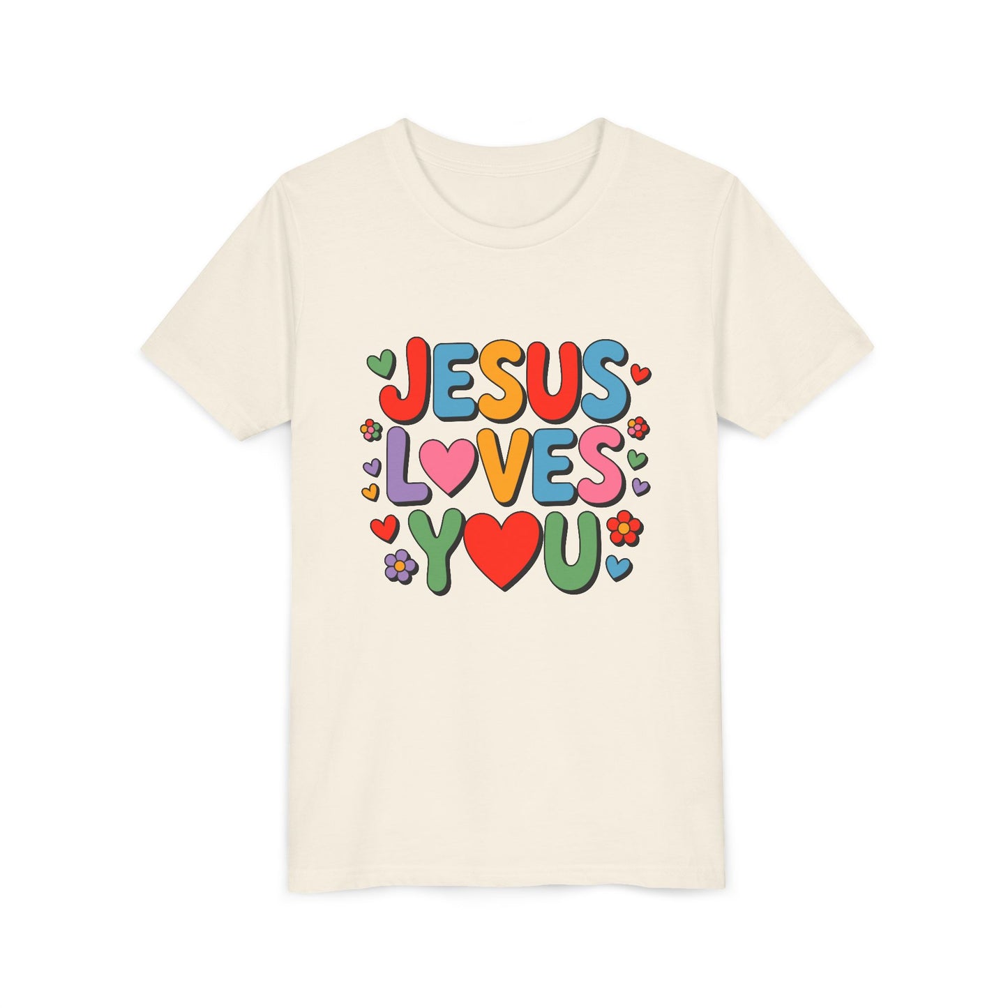 Youth Tee - "Jesus Loves You" Colorful Heart & Flower Christian Shirt