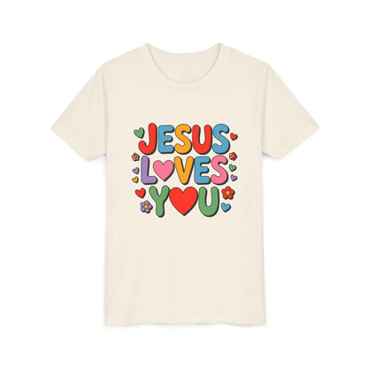 Youth Tee - "Jesus Loves You" Colorful Heart & Flower Christian Shirt