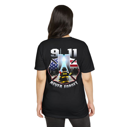 9/11 Never Forget T-Shirt — Firefighter Tribute Tee with Twin Towers & American Flag