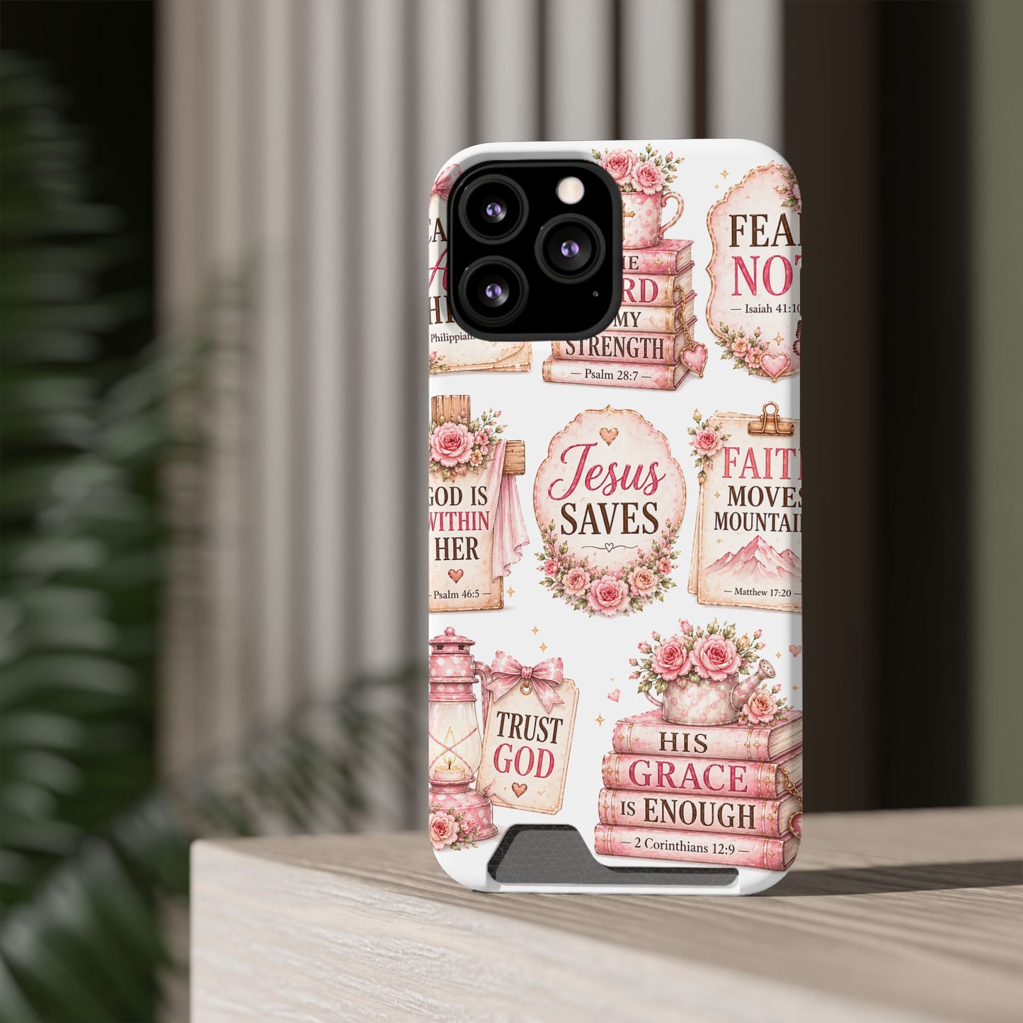 Christian Phone Case with Card Holder — 'Jesus Saves' Floral Scripture Design