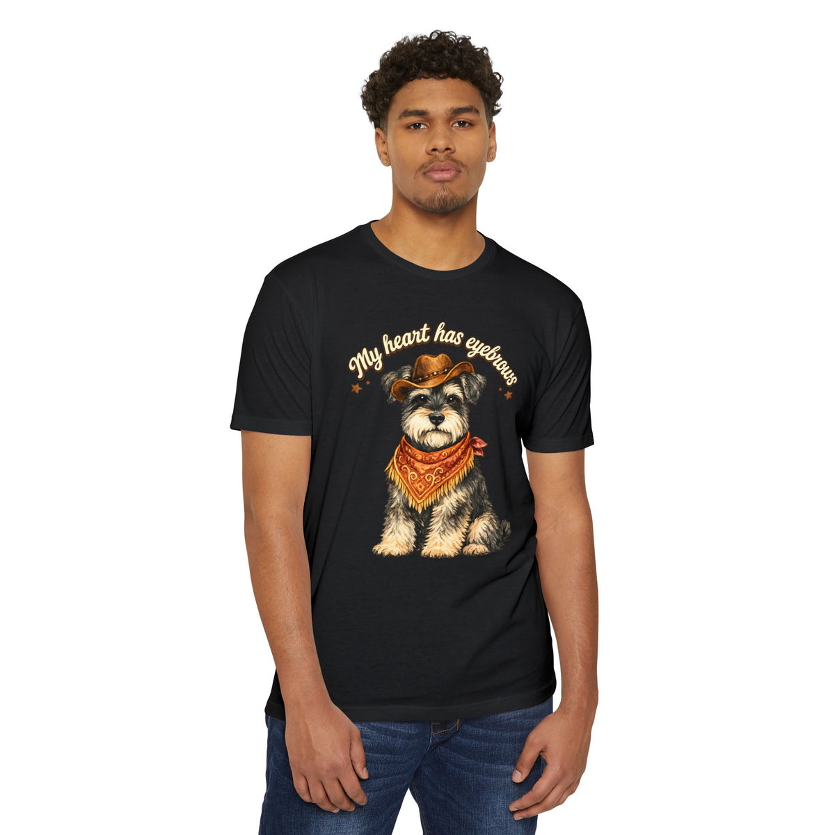 Schnauzer Cowboy T-Shirt — "My Heart Has Eyebrows" Cute Dog Graphic Tee