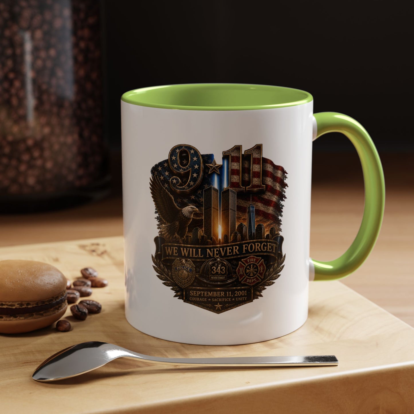 We Will Never Forget 9/11 Memorial Coffee Mug — Patriotic Tribute Accent Mug