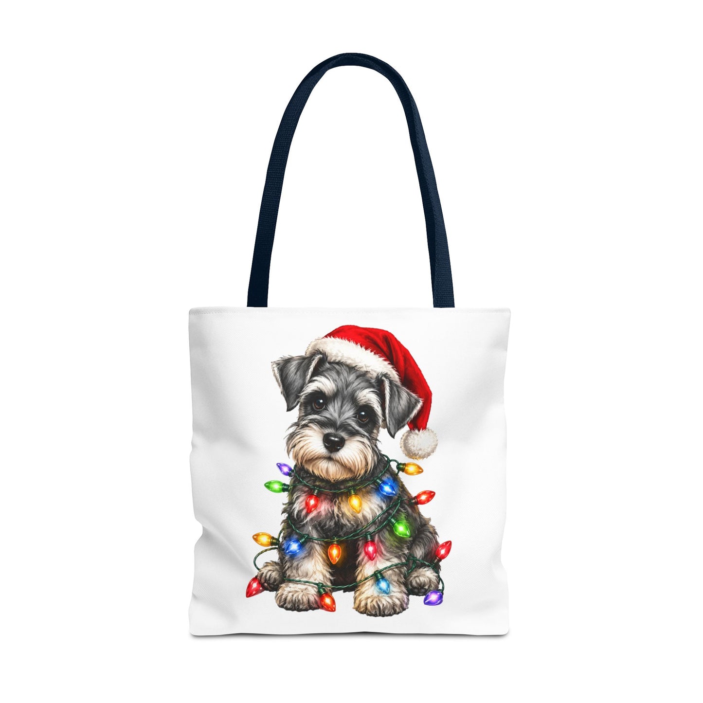 Christmas Schnauzer Tote Bag — Cute Puppy with Santa Hat & Holiday Lights