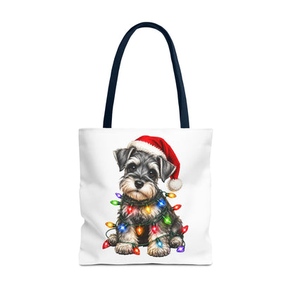Christmas Schnauzer Tote Bag — Cute Puppy with Santa Hat & Holiday Lights