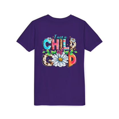 Youth Tee — "I Am a Child of God" Floral Christian Graphic