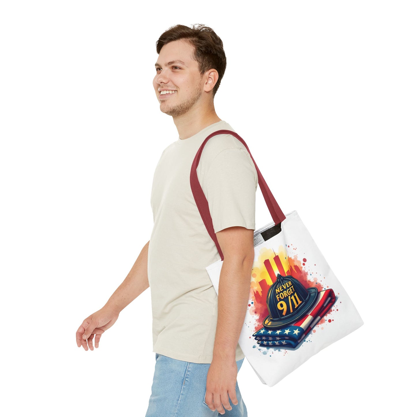 Never Forget 9/11 Memorial Tote Bag — Firefighter Helmet & Flag Tribute