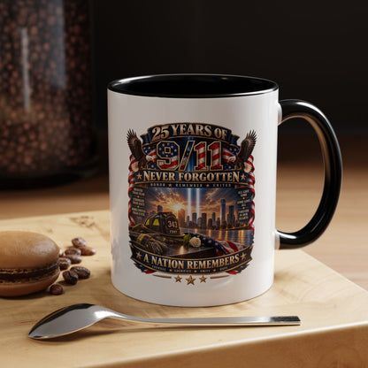 9/11 Memorial Coffee Mug — "25 Years of Never Forgotten" Patriot Tribute