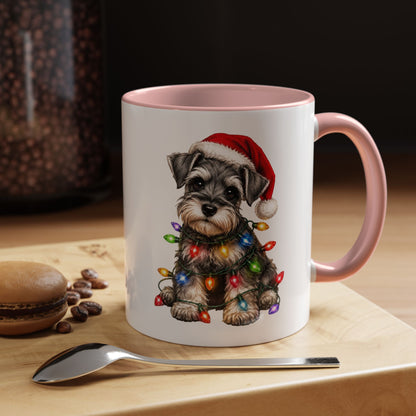 Christmas Puppy Coffee Mug — Schnauzer in Santa Hat with Holiday Lights (11/15oz)