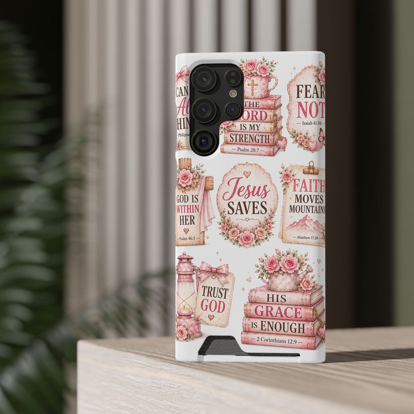Christian Phone Case with Card Holder — 'Jesus Saves' Floral Scripture Design