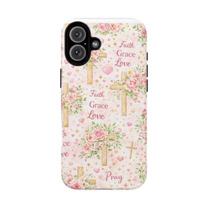 Christian Floral Cross Phone Case — "Faith Grace Love" Tough Magnetic Case