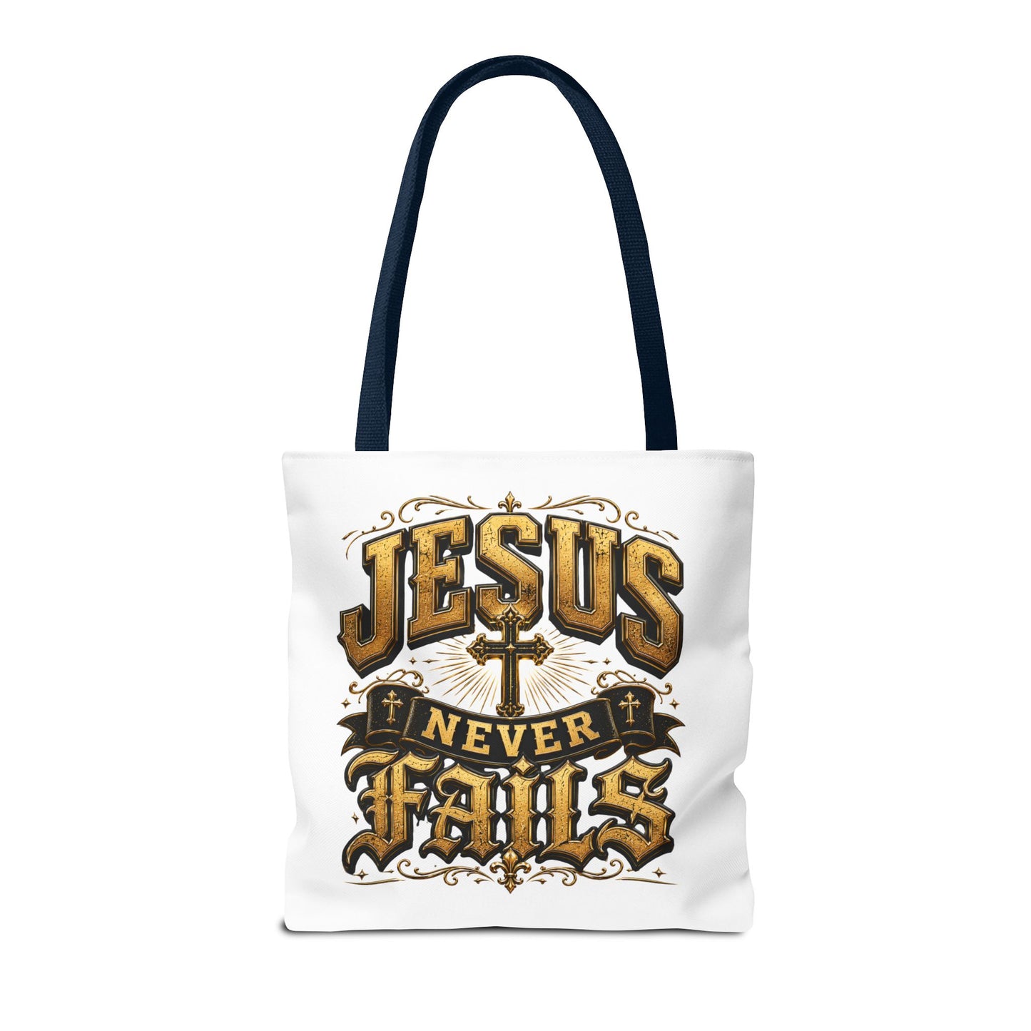 Jesus Never Fails Tote Bag — Christian Faith AOP Canvas Tote
