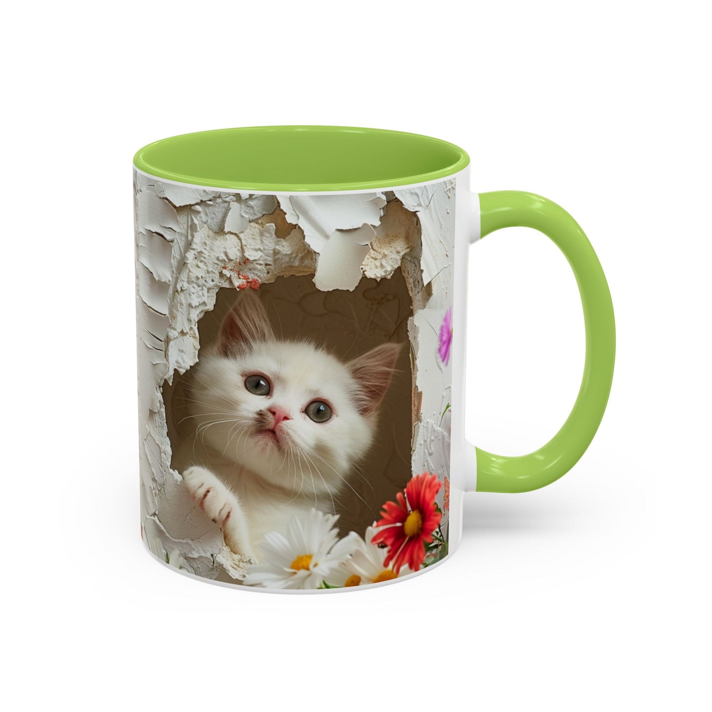 Peek-A-Boo Kitten Accent Coffee Mug — Cute Cat Floral Design (11/15oz)