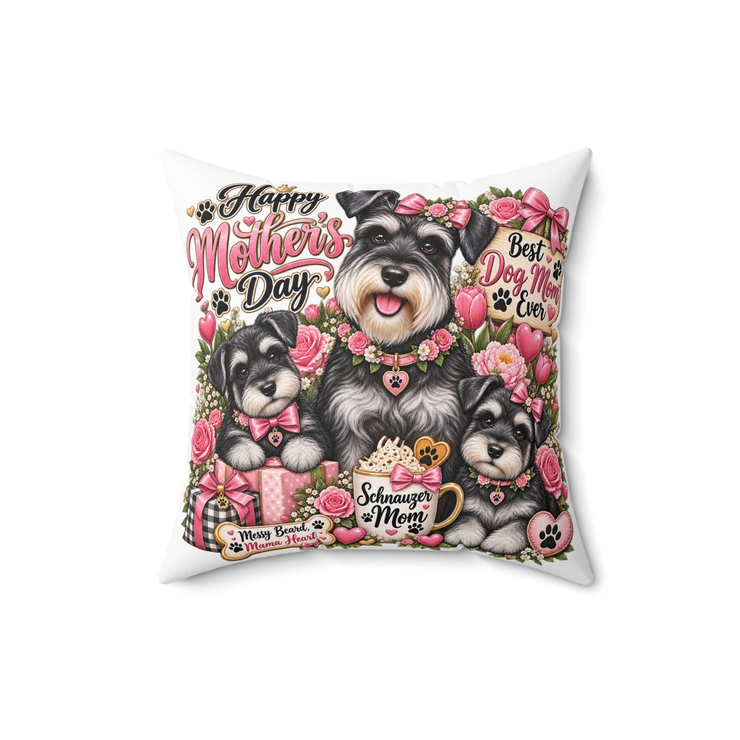 Mother’s Day Schnauzer Pillow — "Happy Mother’s Day" Dog Mom Decorative Throw Pillow