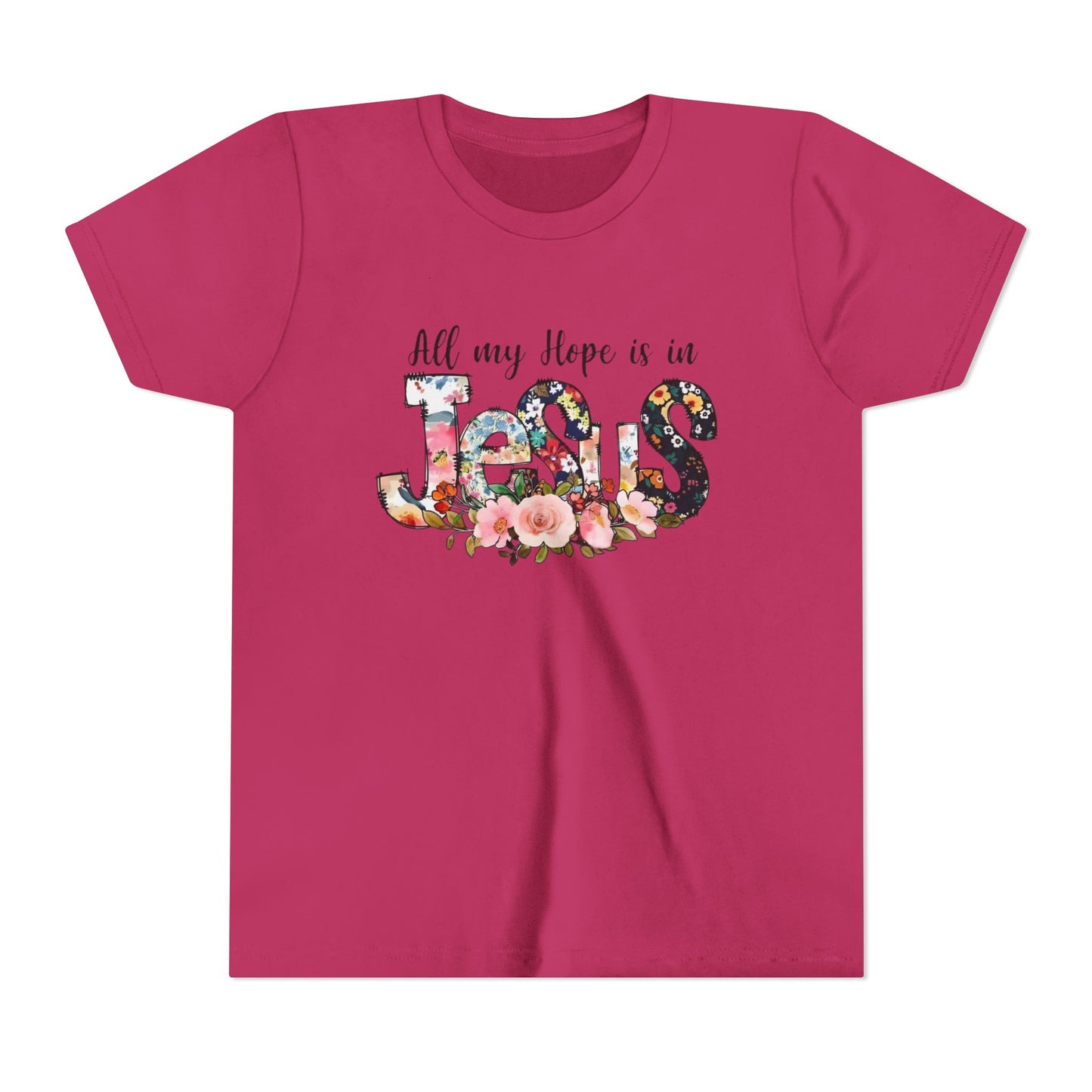Youth Tee — "All My Hope Is in Jesus" Floral Christian Shirt