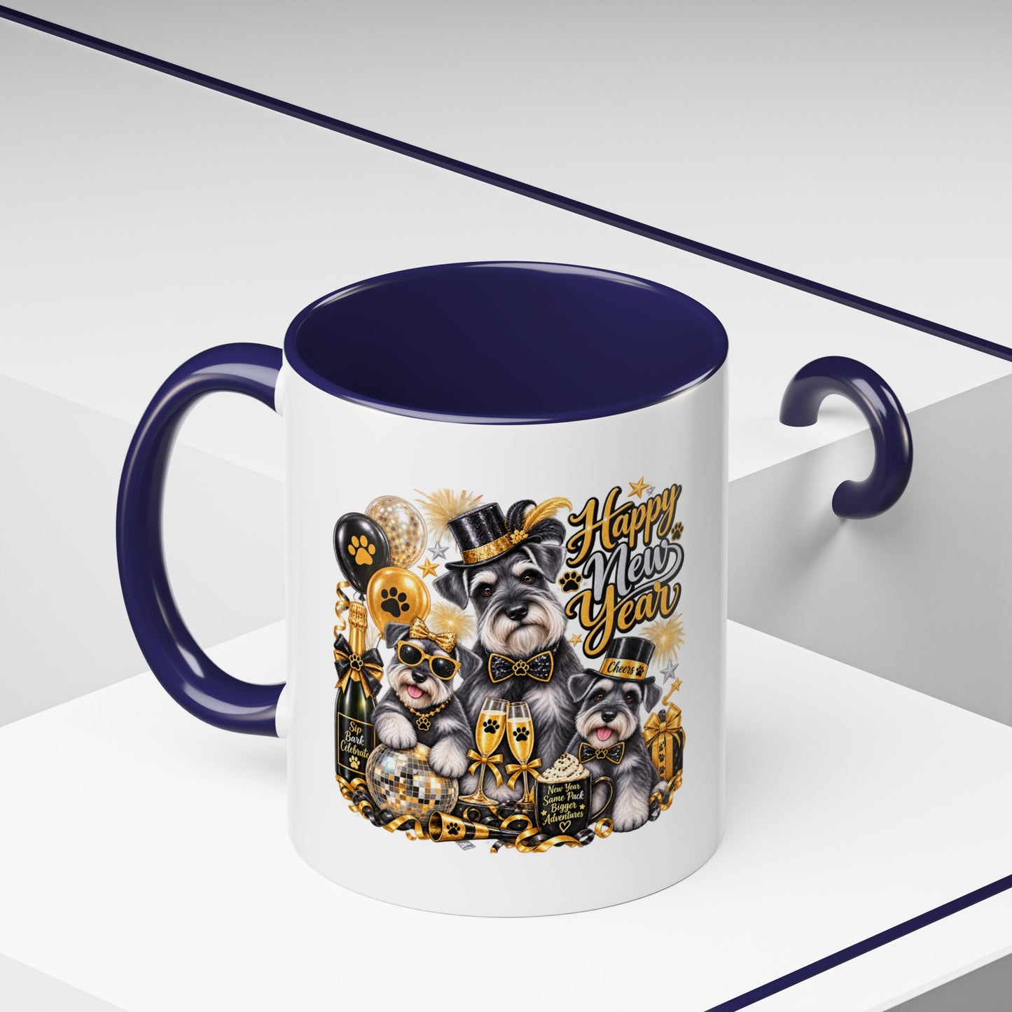 Happy New Year Schnauzer Coffee Mug — Festive Dog New Year Accent Mug (11/15oz)