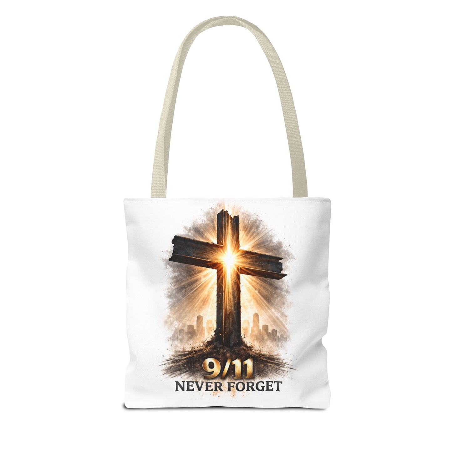 9/11 Never Forget Cross Memorial Tote Bag — Patriotic Remembrance Shopper
