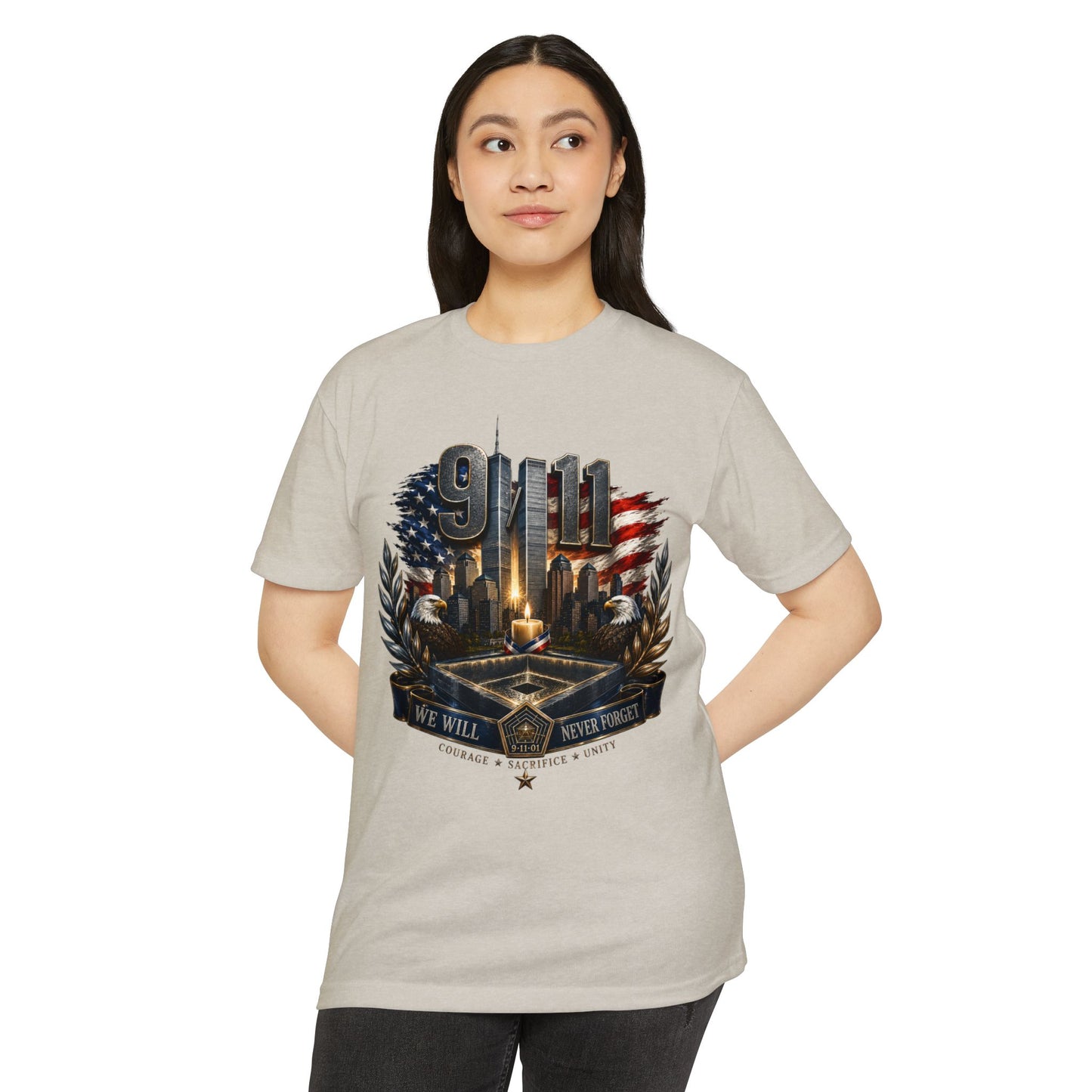 9/11 Never Forget Memorial T-Shirt — Tribute American Flag Skyline Tee