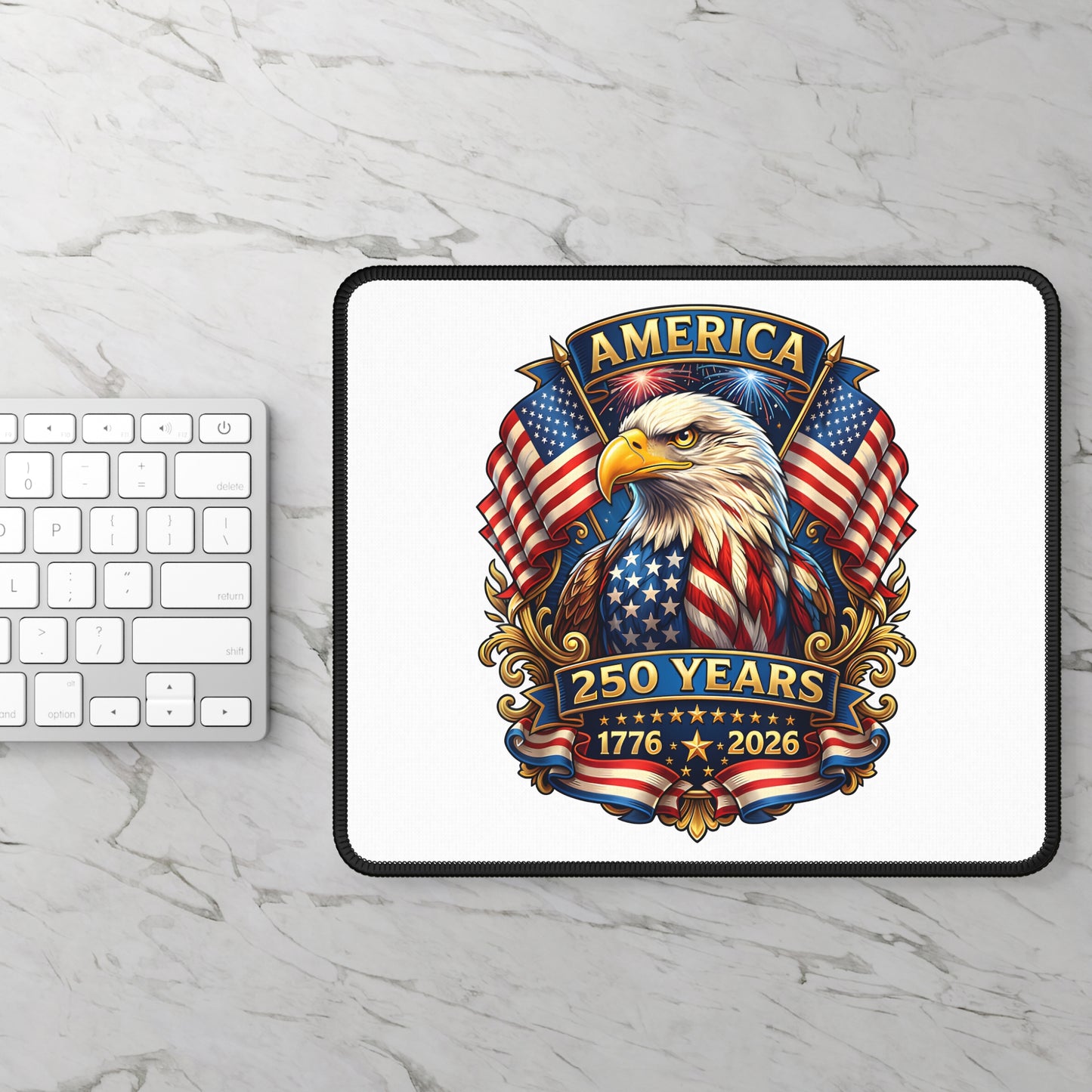 America 250th Anniversary Gaming Mouse Pad — Patriotic Bald Eagle USA Flags (1776–2026)