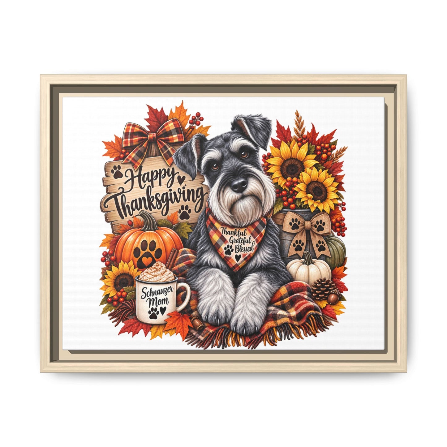 Happy Thanksgiving Schnauzer Framed Canvas — Autumn Dog Wall Art