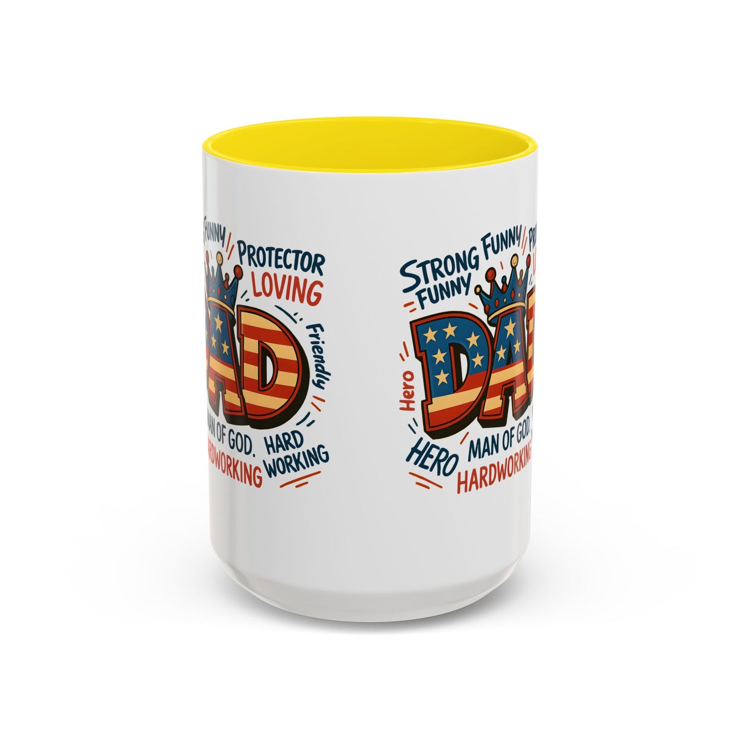 Dad Coffee Mug — Patriotic "DAD" Design with Loving, Hardworking, Protector Keywords (11/15oz Accent Mug)