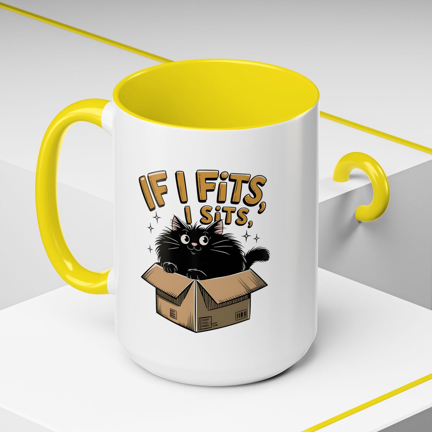 If I Fits I Sits Cat Mug — Funny Black Cat in Box Coffee Cup (11/15oz)