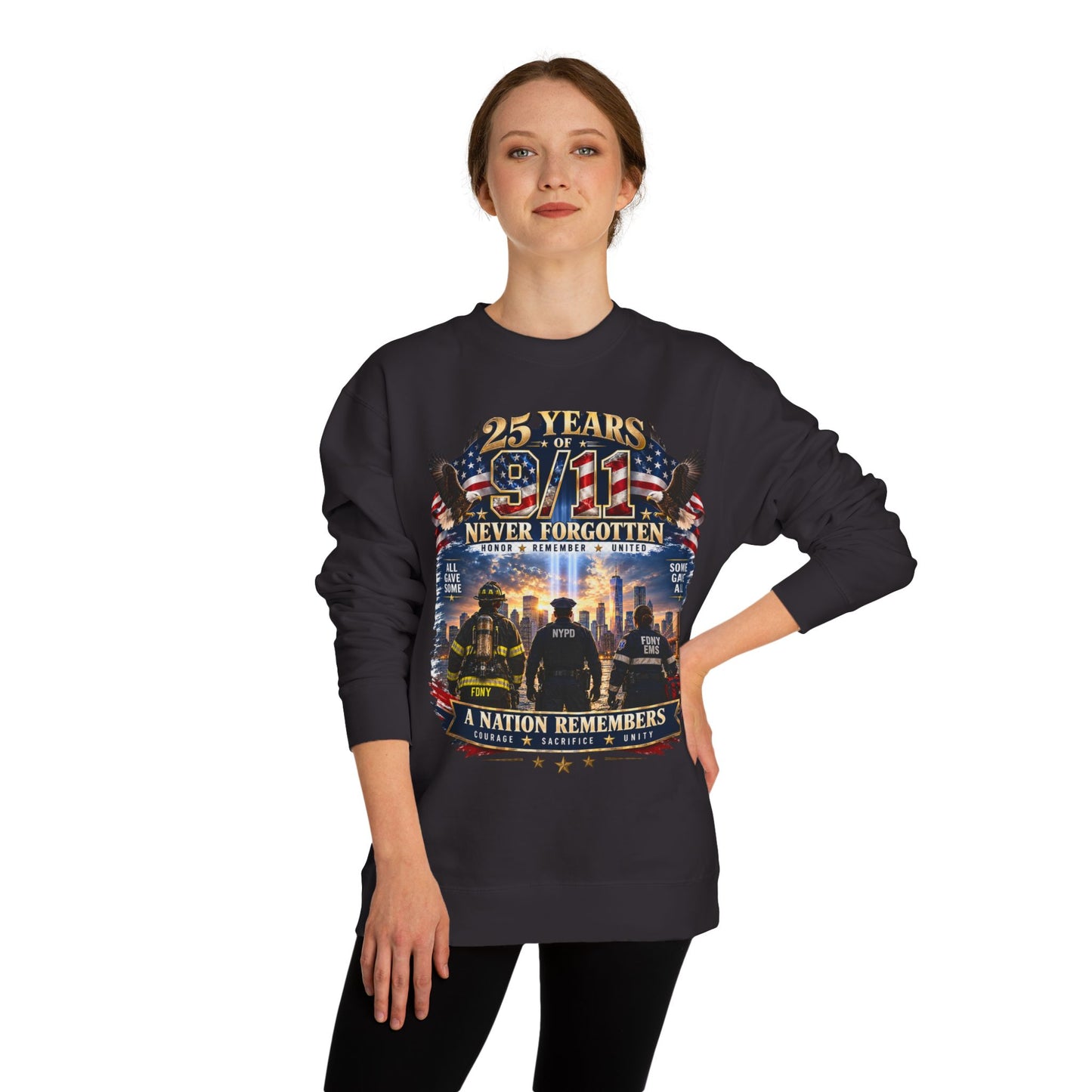 9/11 Never Forgotten Crewneck Sweatshirt — 25 Years Memorial Tribute