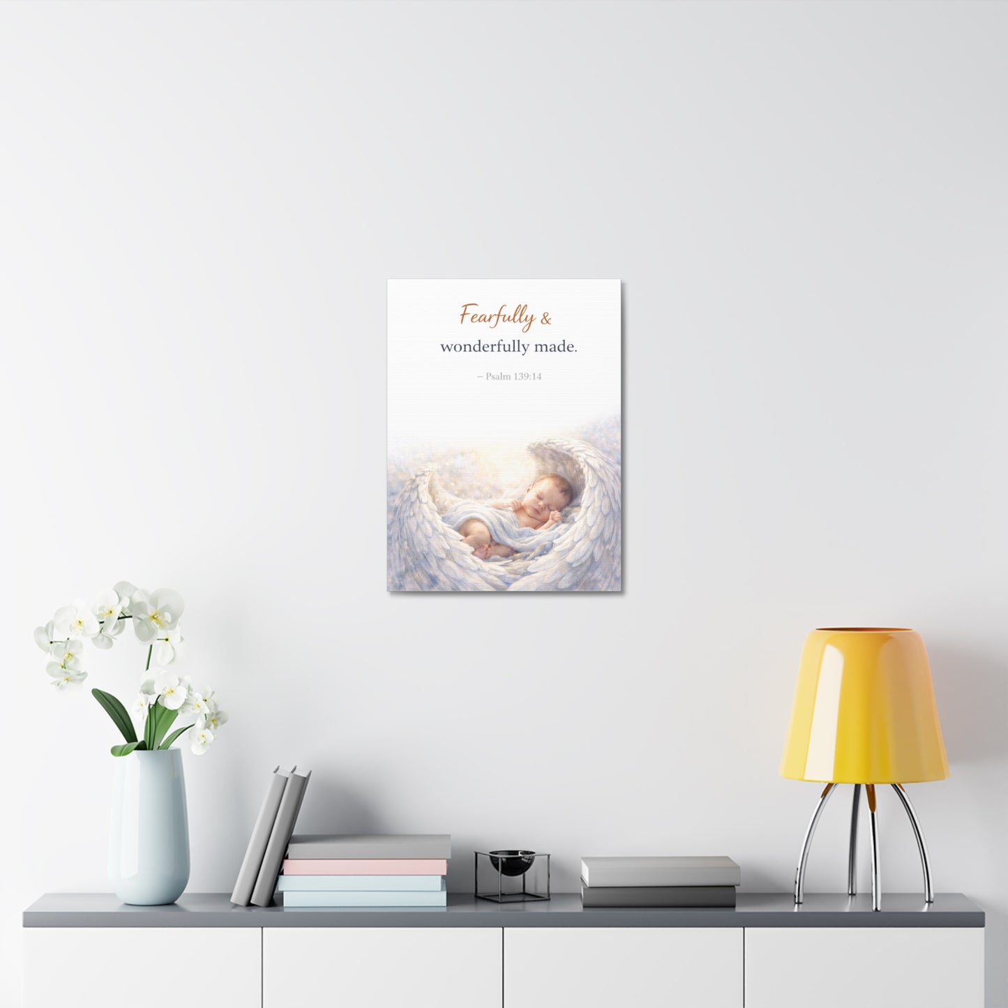 Canvas Wall Art - "Fearfully & Wonderfully Made" Baby Angel Bible Verse (Psalm 139:14) Nursery Decor