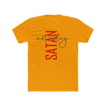 Crew Tee — "No Today Satan" Vertical Red Text Graphic T‑Shirt