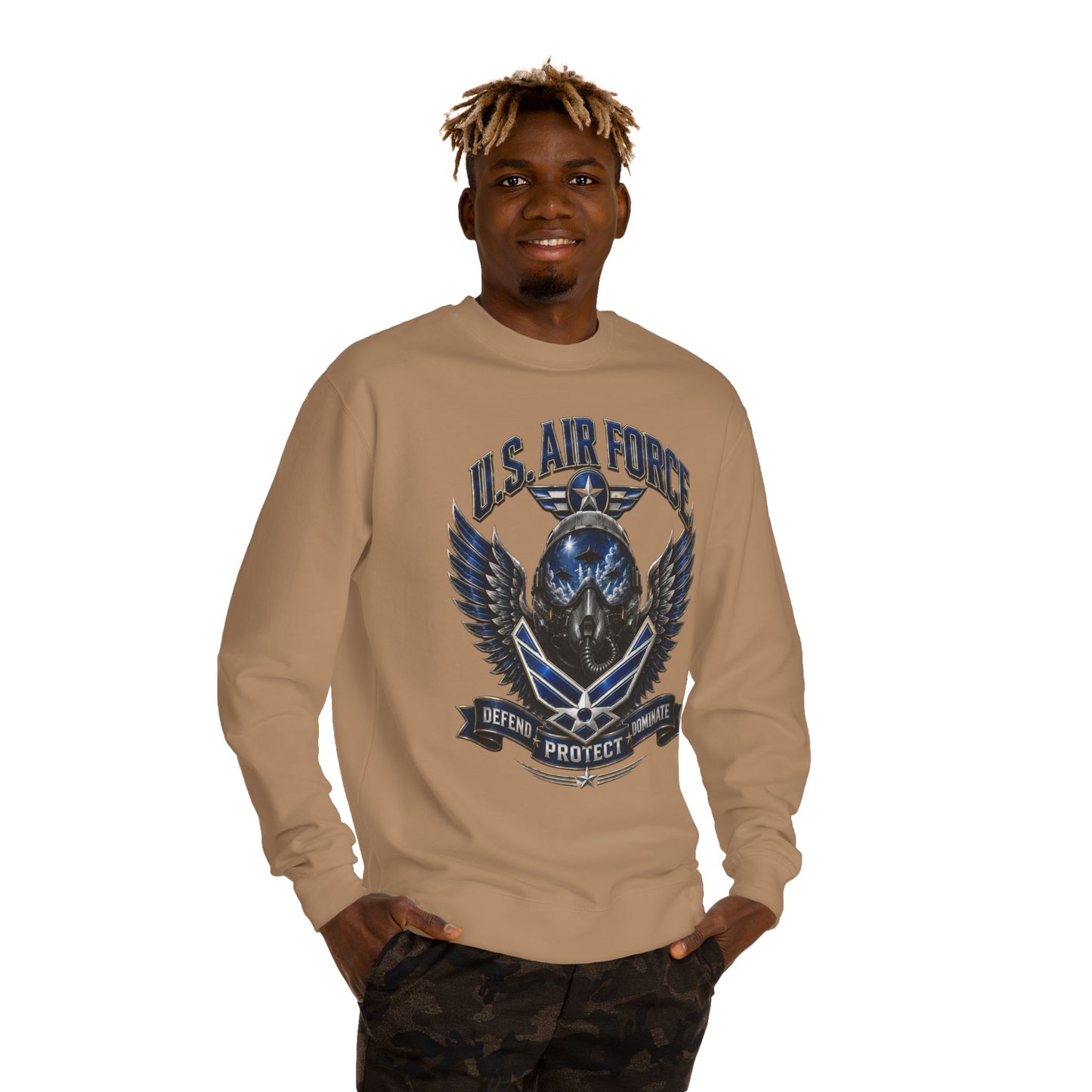 U.S. Air Force Skull Crewneck Sweatshirt — Defend Protect Dominate Tactical Pullover