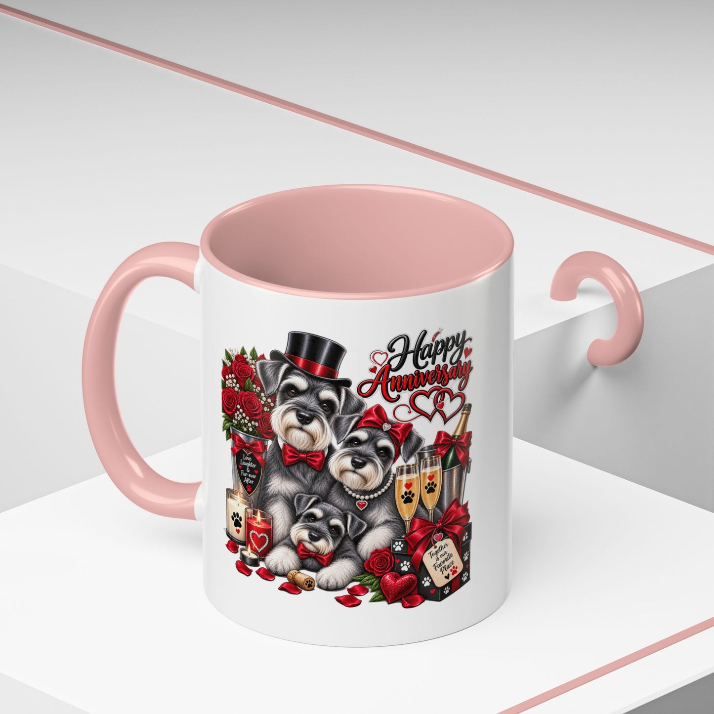Happy Anniversary Dog Coffee Mug — Cute Pups, Champagne & Roses Accent Mug