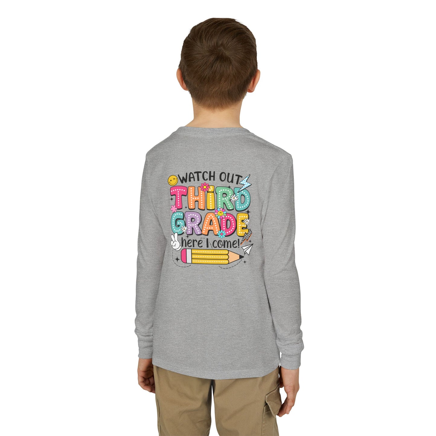 Youth Long Sleeve Tee "Watch Out Third Grade Here I Come" Back-to-School Shirt