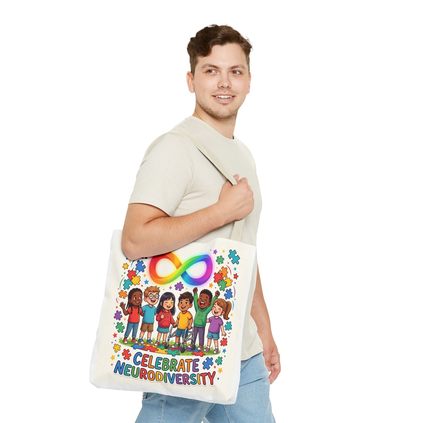 Celebrate Neurodiversity Tote Bag — Rainbow Infinity Symbol & Kids Design