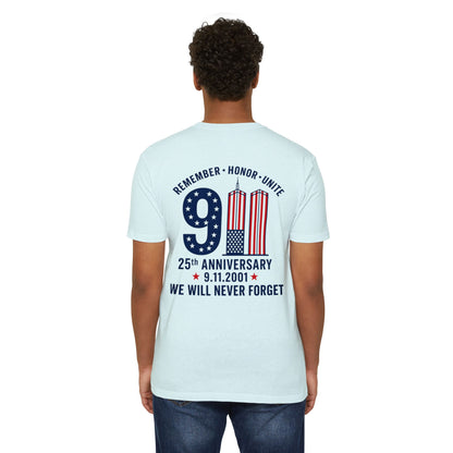 9/11 Memorial T-Shirt – "Remember Honor Unite" 25th Anniversary We Will Never Forget