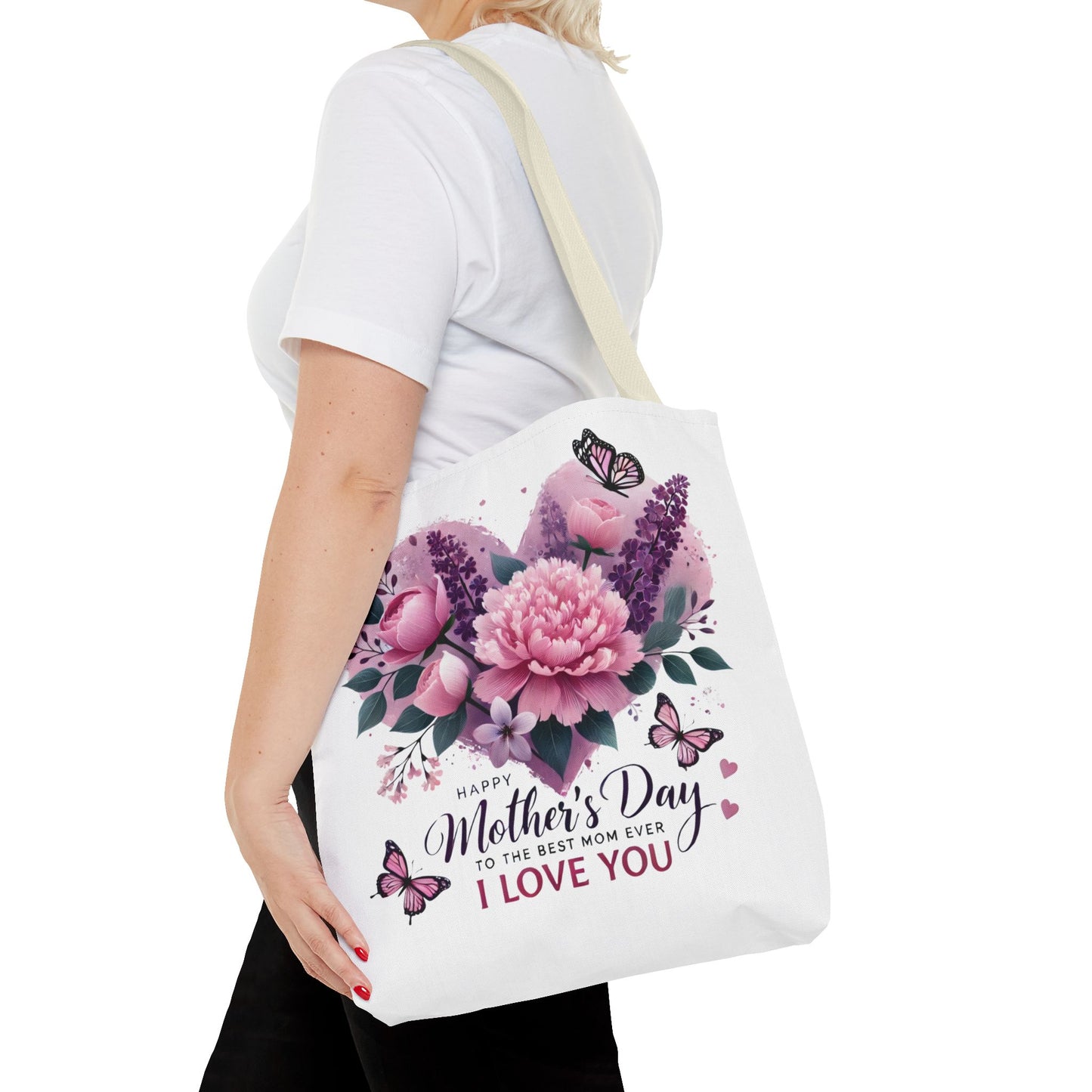 Mother's Day Floral Tote Bag - "Happy Mother's Day I Love You" Heart Bouquet