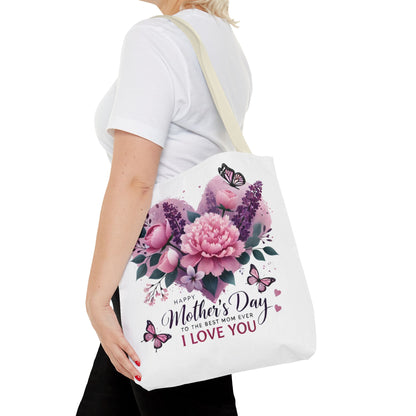 Mother's Day Floral Tote Bag - "Happy Mother's Day I Love You" Heart Bouquet