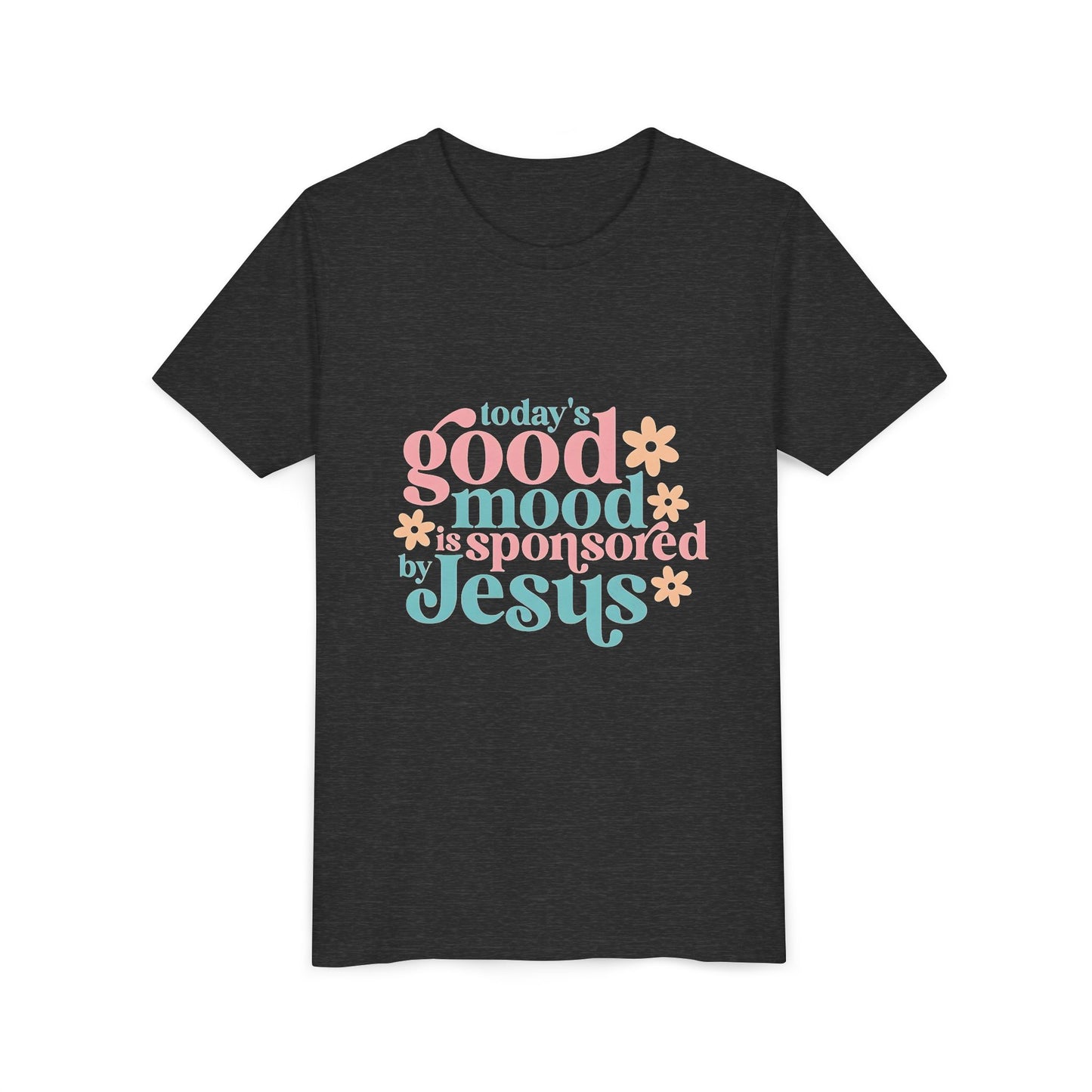 Youth Tee – "Today's Good Mood is Sponsored by Jesus" Retro Floral Christian Shirt