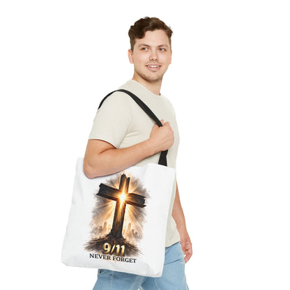 9/11 Never Forget Cross Memorial Tote Bag — Patriotic Remembrance Shopper