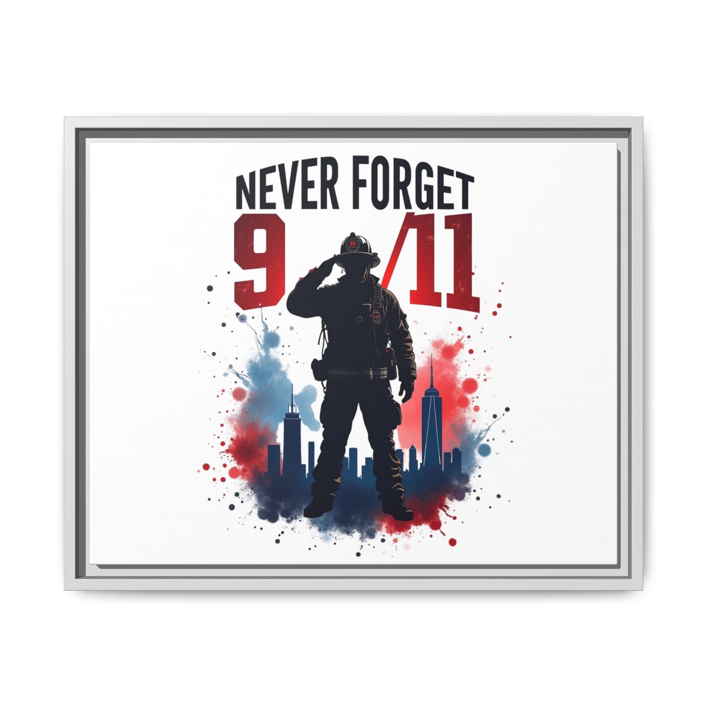 Never Forget 9/11 Framed Canvas Print — Patriotic Firefighter Memorial Art