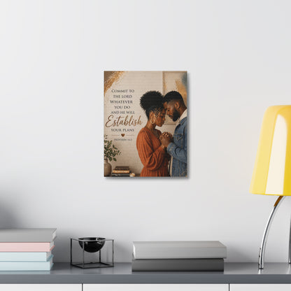 Proverbs 16:3 Faithful Couple Stretched Canvas – "Commit to the Lord...He Will Establish Your Plans" Wall Art