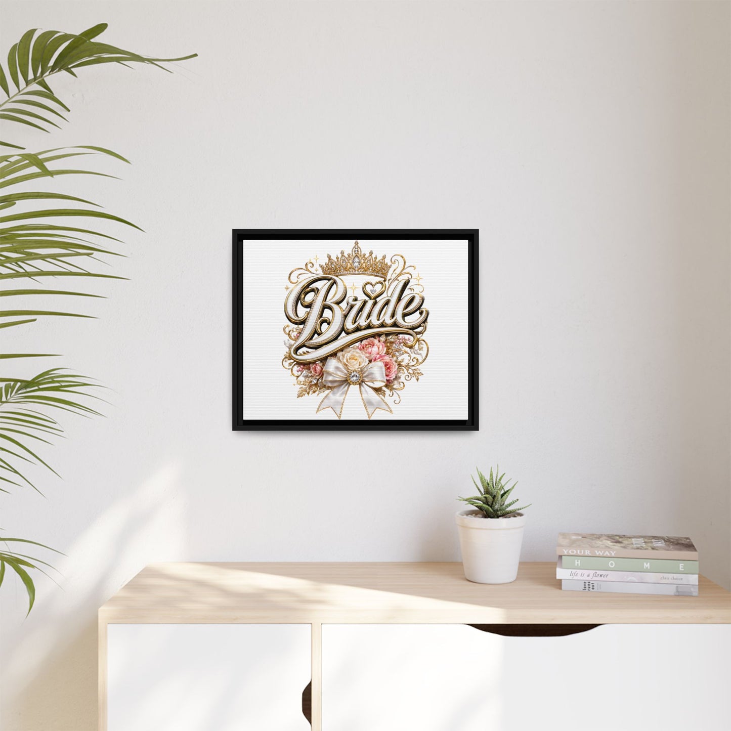 Framed Bride Canvas Wall Art — Elegant Bridal Crown & Floral Wedding Decor