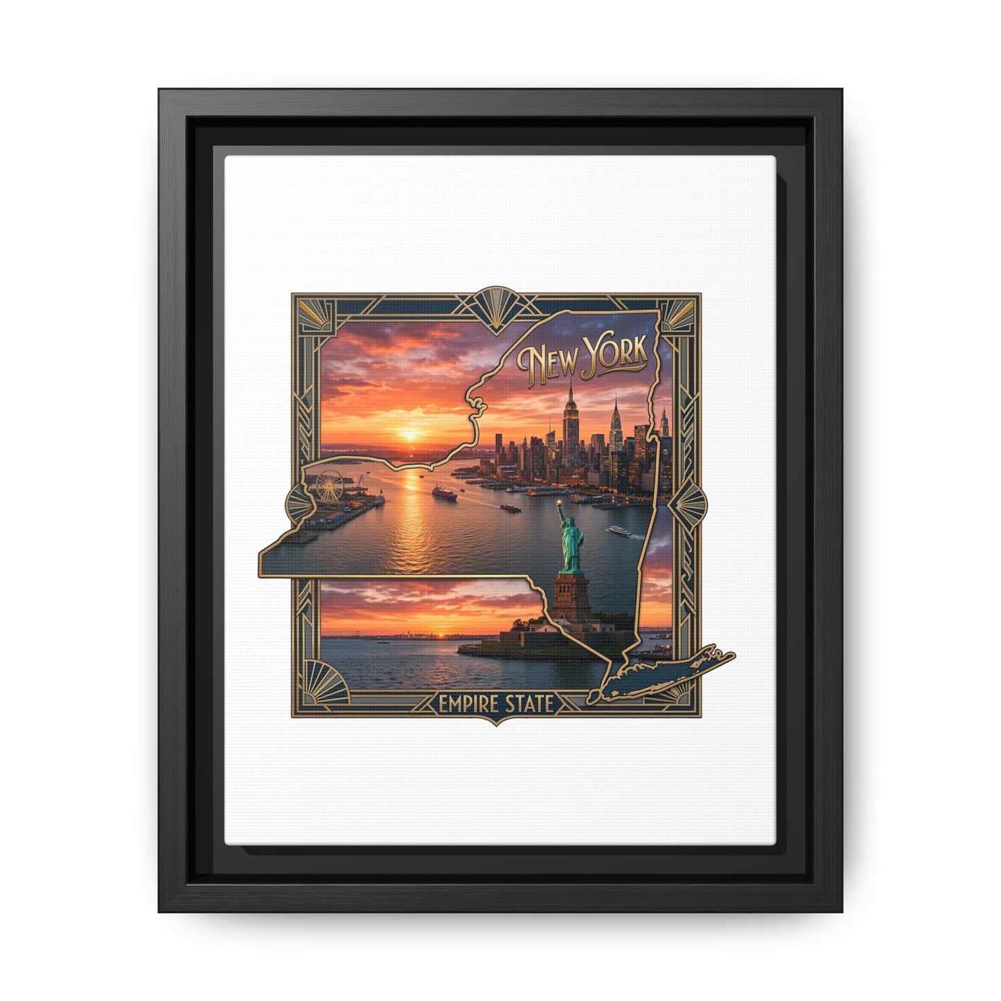 Framed Matte Canvas Wall Art — New York City Sunset Skyline with Statue of Liberty