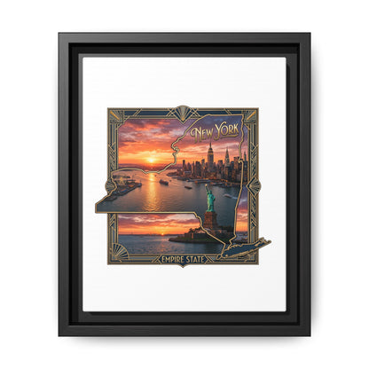 Framed Matte Canvas Wall Art — New York City Sunset Skyline with Statue of Liberty