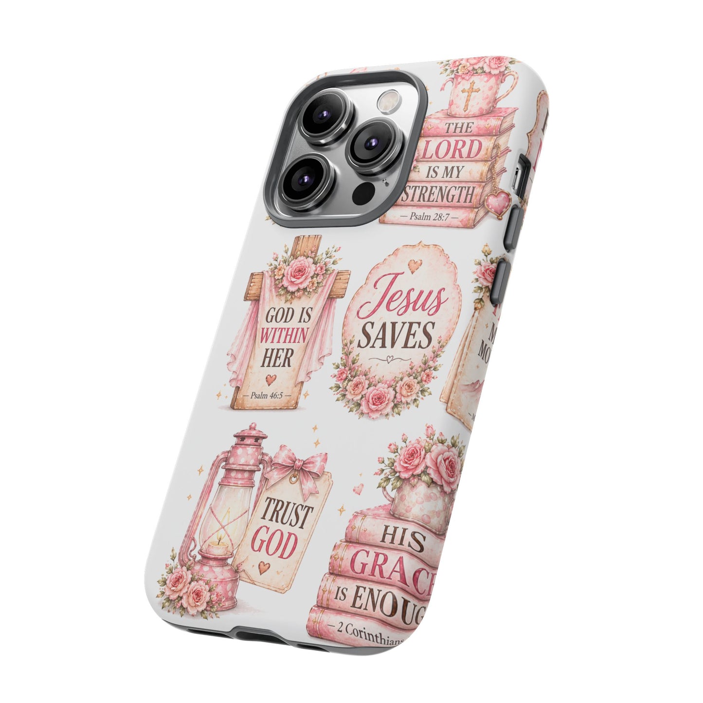 Christian Phone Case — Jesus Saves Floral Tough Case with 'God Is Within Her' & 'Trust God' Design